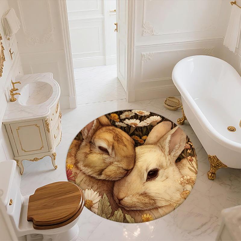 Rabbits in Flower Bush,Round Area Rug,Carpet Rug for Living Room Bedroom Sofa Playroom Decor,Non-slip Floor Mat