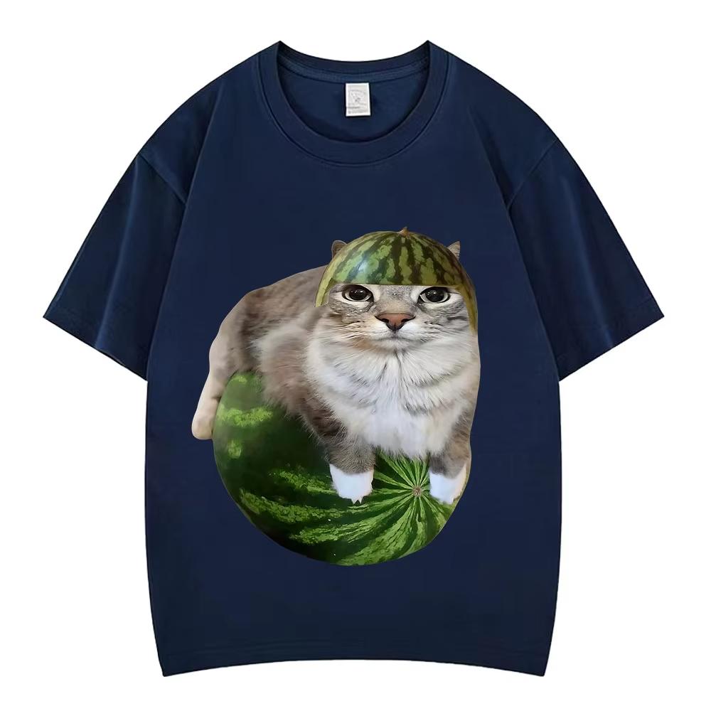 Watermelon Cat Silly Cat Funny Meme T Shirts Unisexs Unisex Clothing Casual Pure Cotton Tshirt Fashion Tshirts Streetwear