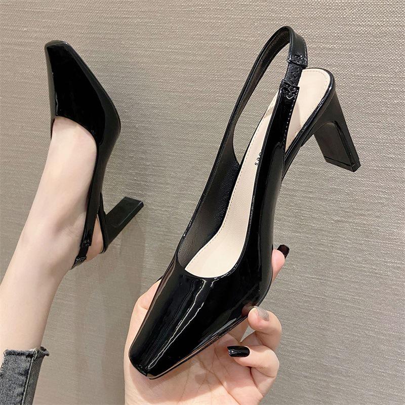 K88-A Korean Style Women's Patent Leather Slingback Peep Toe Sandals with Square Chunky High Heels