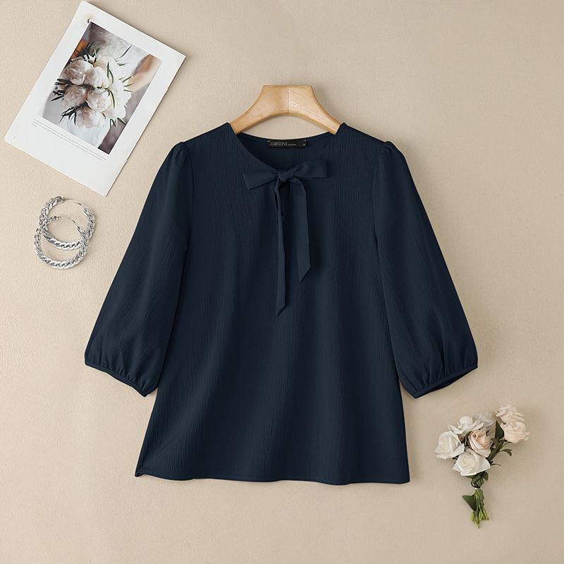 

ZANZEA Жіноча блузка вільного крою з рукавом 3/4 та круглим вирізом, однотонна M Темно-синій