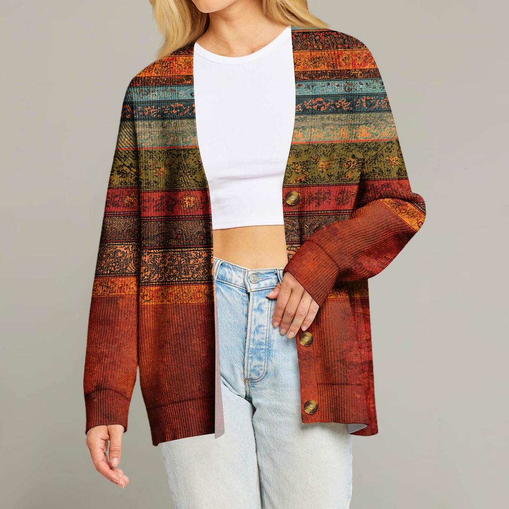 Women's Fashion Long Sleeve Christmas Print V-Neck Button Loose Cardigan Top