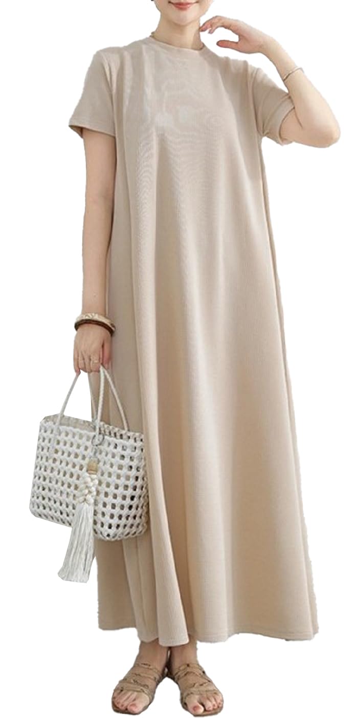 

NEKORA Short Sleeve Maxi Waffle Pullover Maxi Long Plus Dress Women s Dress, Fabric, A-Line, Spring/Summer, Beige/Cream, Dress, Dress, Thin, Sizes, бежевый