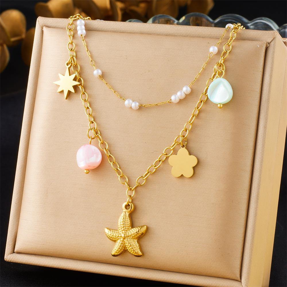DIEYURO 316L Stainless Steell Pearl Starfish Imitation Shell Necklace For Women New Fashion Ocean Neck Chain Jewelry Gift