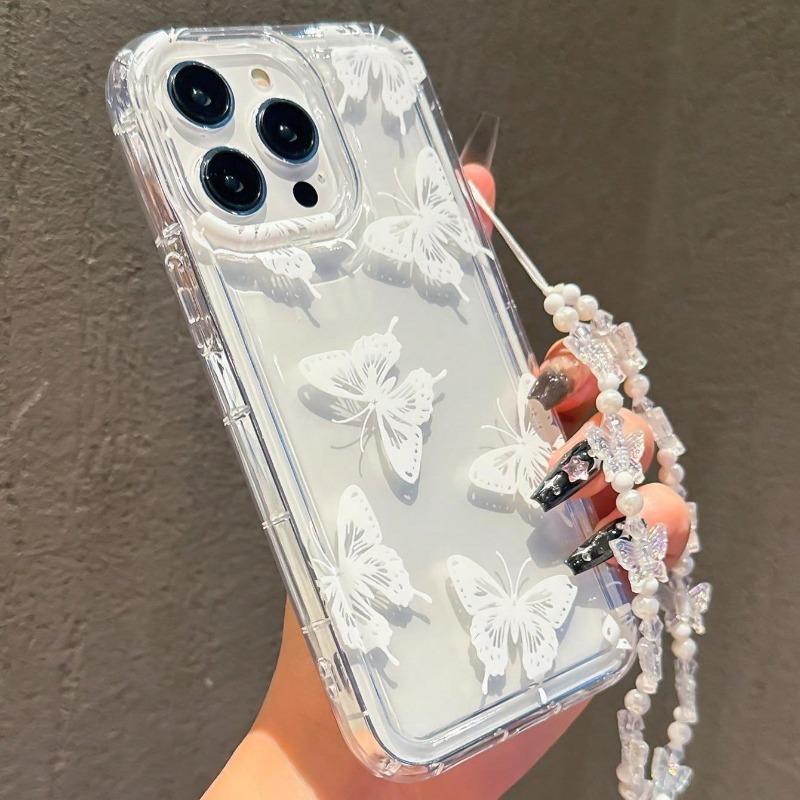 Butterfly Pattern Phone Case For iPhone 17 Air 16 15 14 13 12 11 Pro Max 16E X XR XS Max 7 8 Plus Transparent Cover With Lanyard