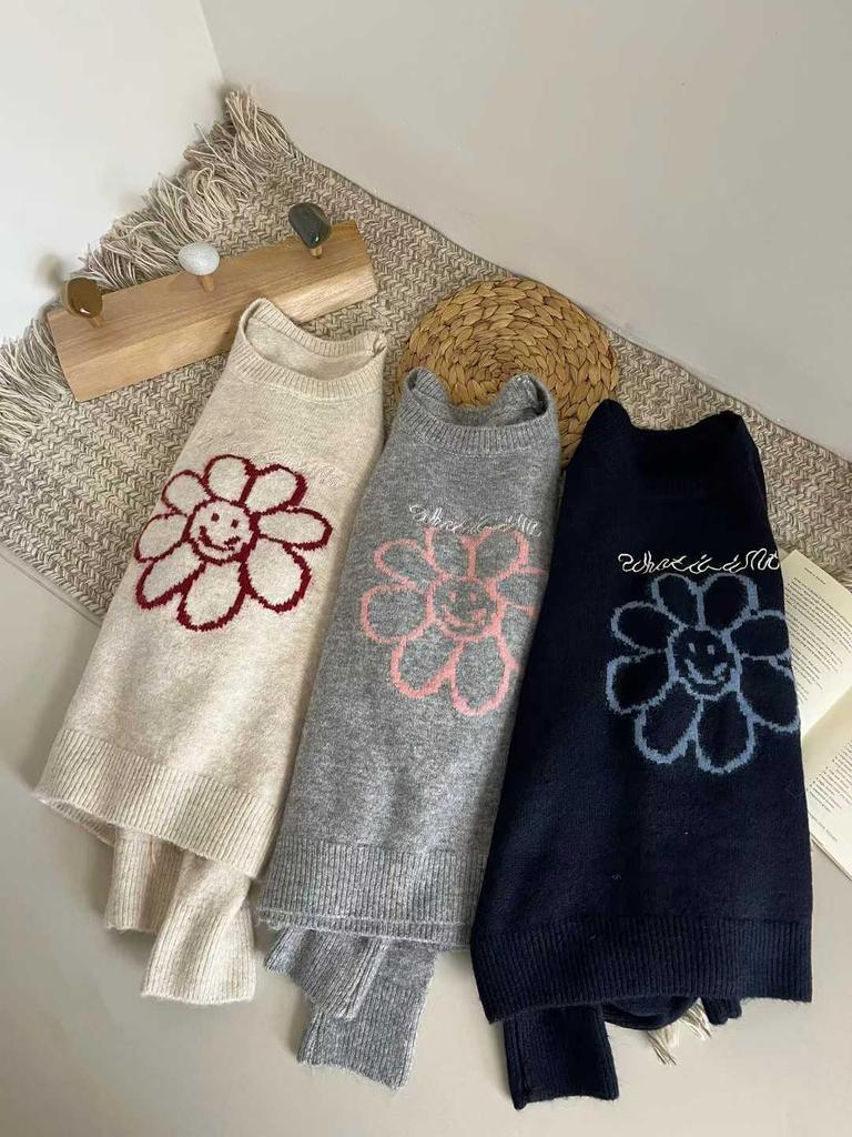 Korean Smiley Sunflower Knit Sweater - Cozy Winter Layer for Women