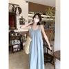 Seaside vacation style blue suspender dress women's spring new loose backless strap A-word long dress ins trend