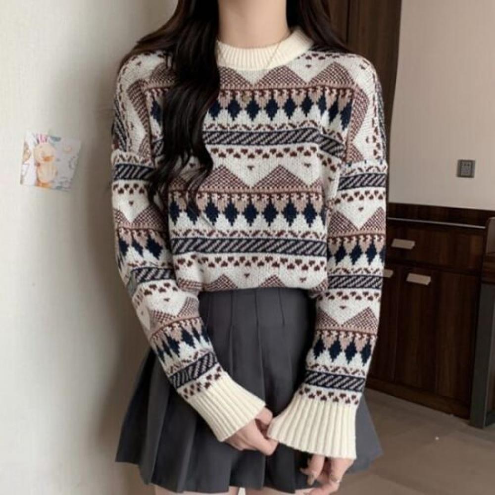 Navava EThnic PaTTern PoinT Round Neck Long Sleeve KniT T Nk3327