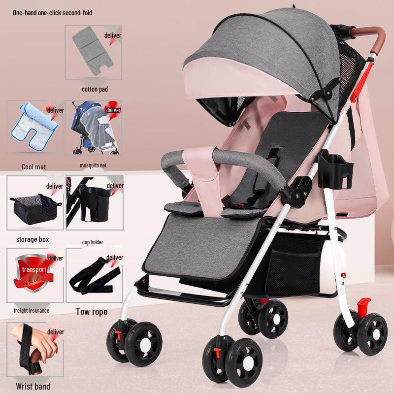 Lightweight Foldable Stroller: Sit or Lie Position, Four-Wheel Design, One-Key Fold for Kids and Babies.