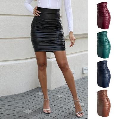 Women Skirt High Waist Imitation Leather Hip Hugging Pleated Hem Mini Skirt Commuting Street Short Skirt Daily Wear