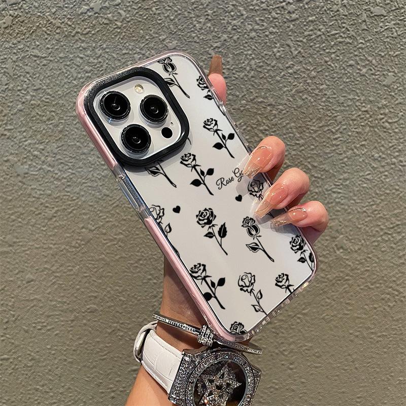 Ins wind black rose mobile phone case premium sketch flower iPhone17 promax anti-drop protective case