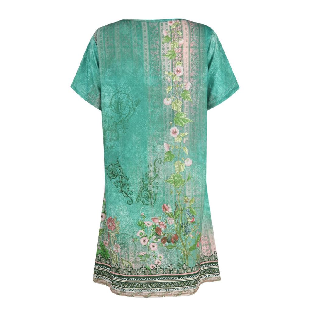 Women's Fashionable Loose Fitting Retro Ethnic Printed Casual V-neck Dress