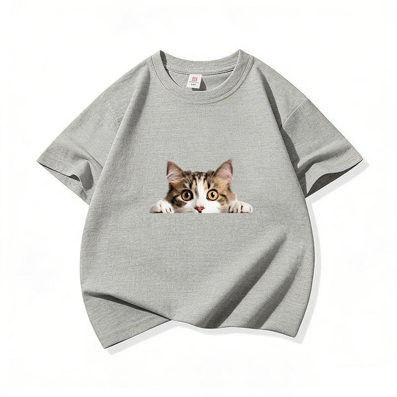 Kids Cotton T Shirt Peeking Domestic Shorthair Cat Graphic Crew Neck Short Sleeve Tee Casual Breathable Boys Girls Summer Tops