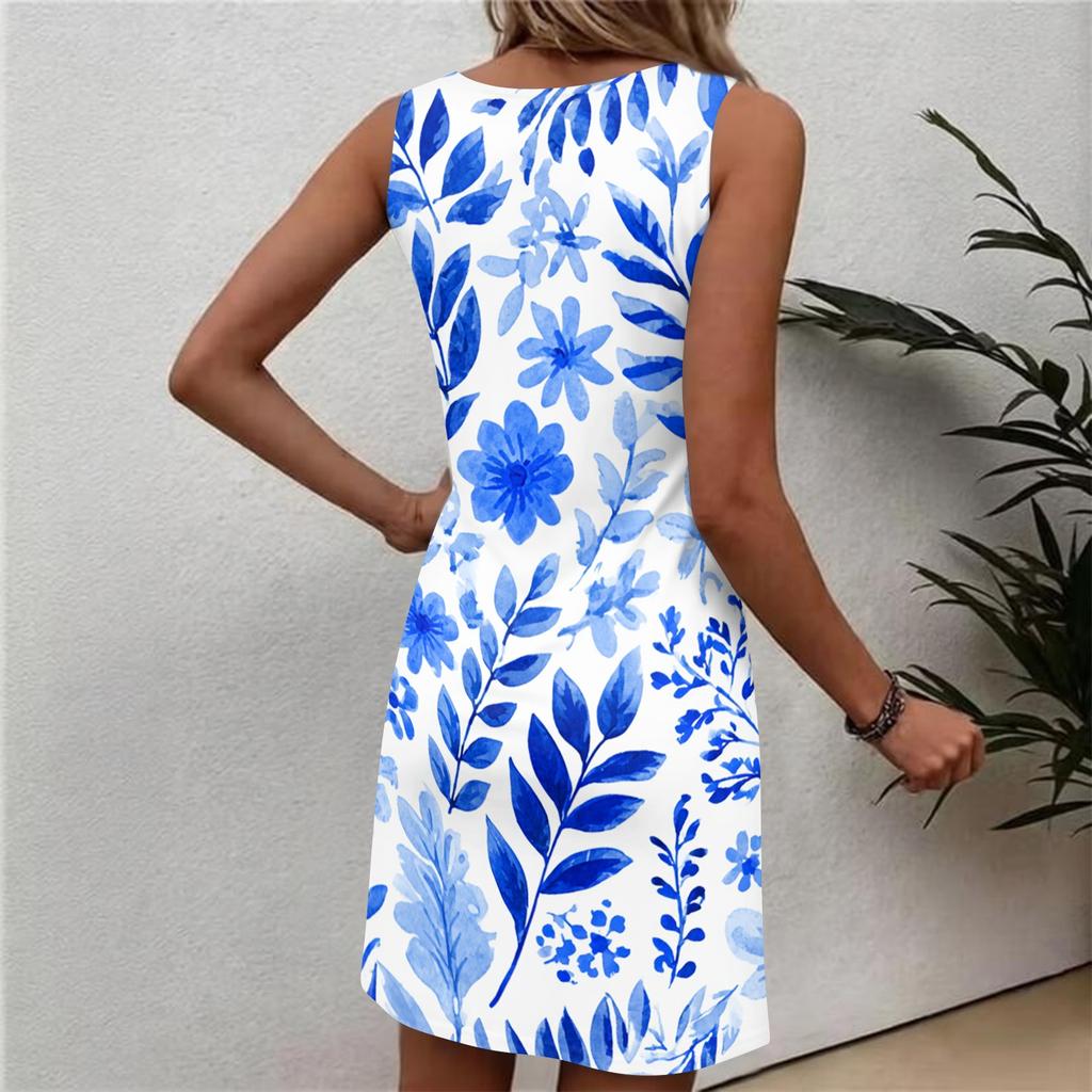 Women's Casual Sleeveless Dress Floral Print Round Neck Summer Beachwear Lightweight Comfortable Fit Dress for Daily Wear