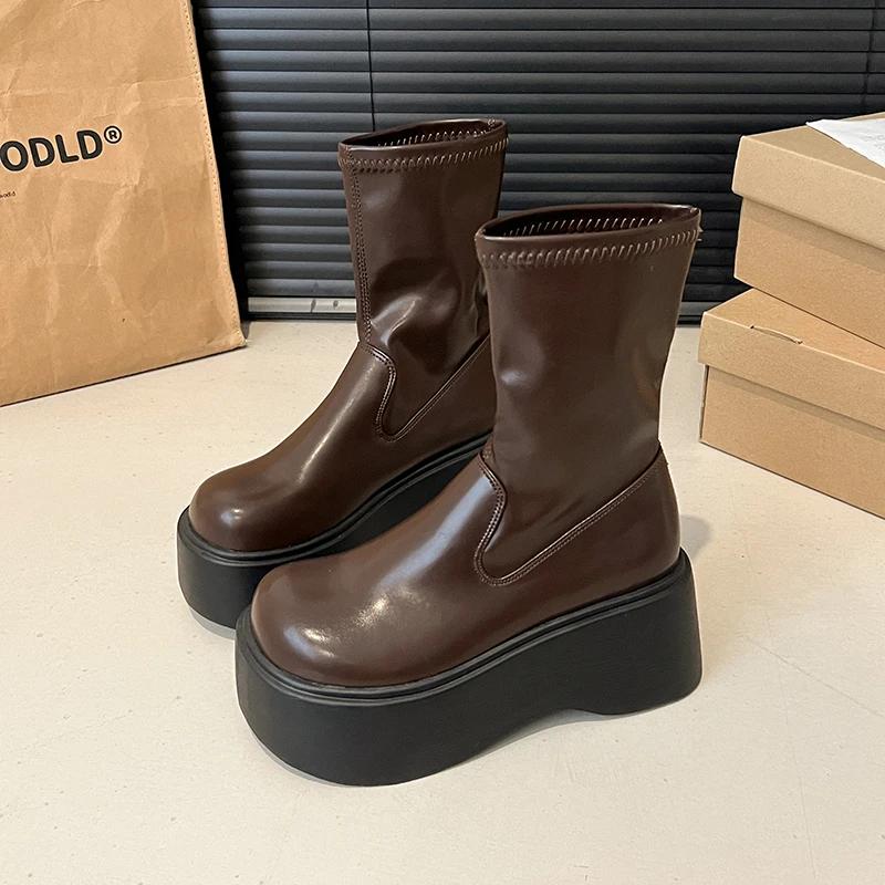 

Винтажные зимние женские ботильоны на платформе, на плоской подошве, модные короткие ботильоны без застежек, дизайнерские туфли на высоком каблуке, женские ботинки 35