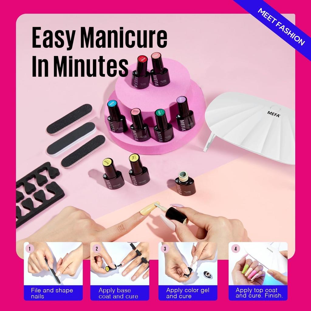 MEFA Nail Art Set 12 Colors Gel Polish UV 7ml, 6W UV Lamp, Manicure Accessories Kit, DIY Home Gifts