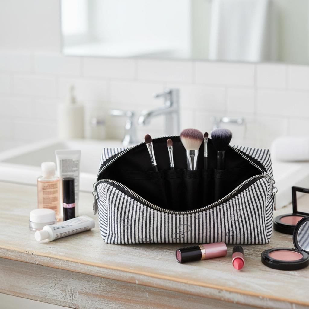 Striped Embroidery Makeup Bag Travel Toiletry Organizer with Bubble Print Waterproof Portable Multi-Compartment