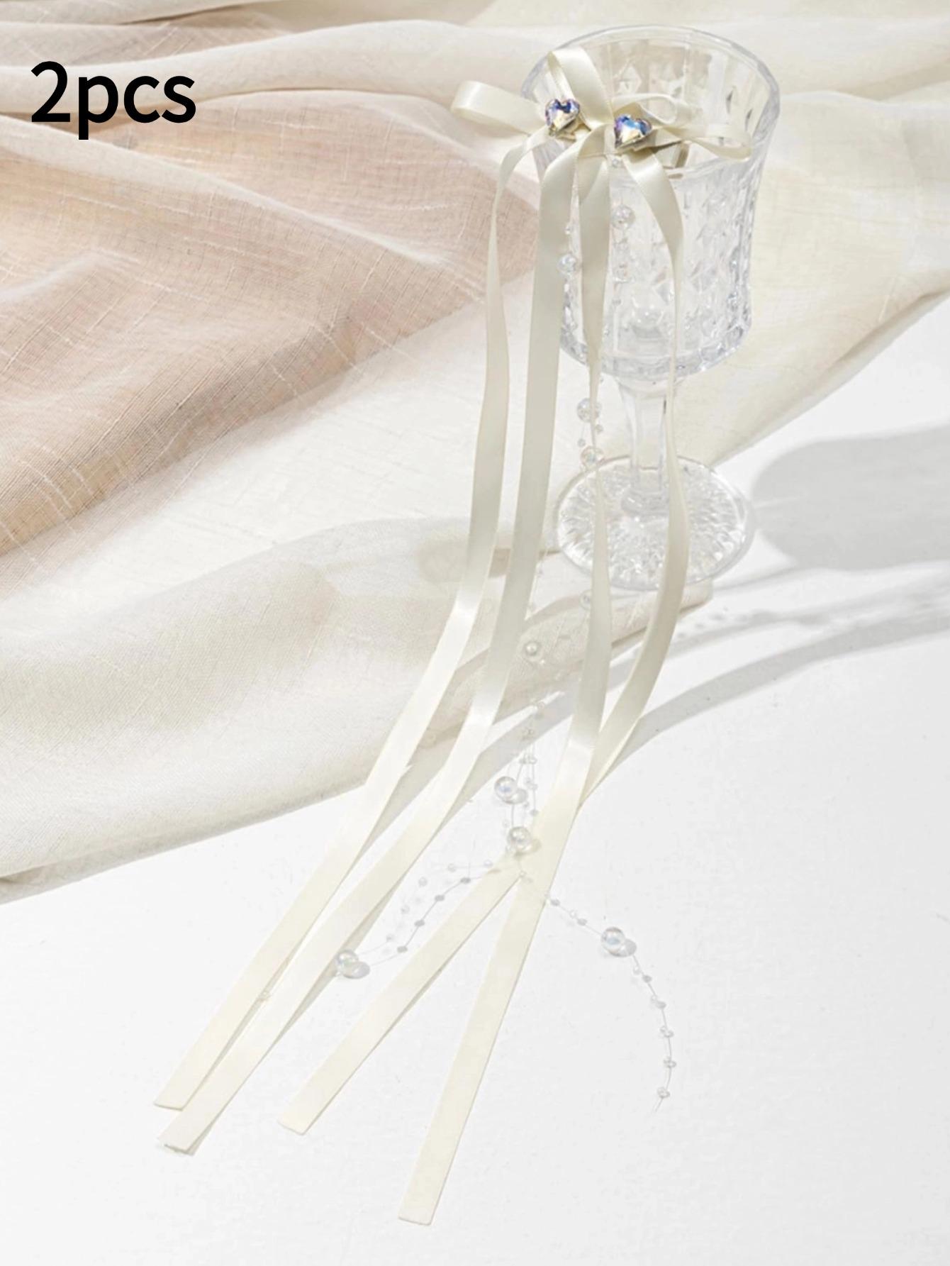 

Набор из 2/6 шт. милых заколок для волос с бантиками и стразами, с ниспадающими лентами, тканевые заколки для волос, однотонный набор аксессуаров для волос