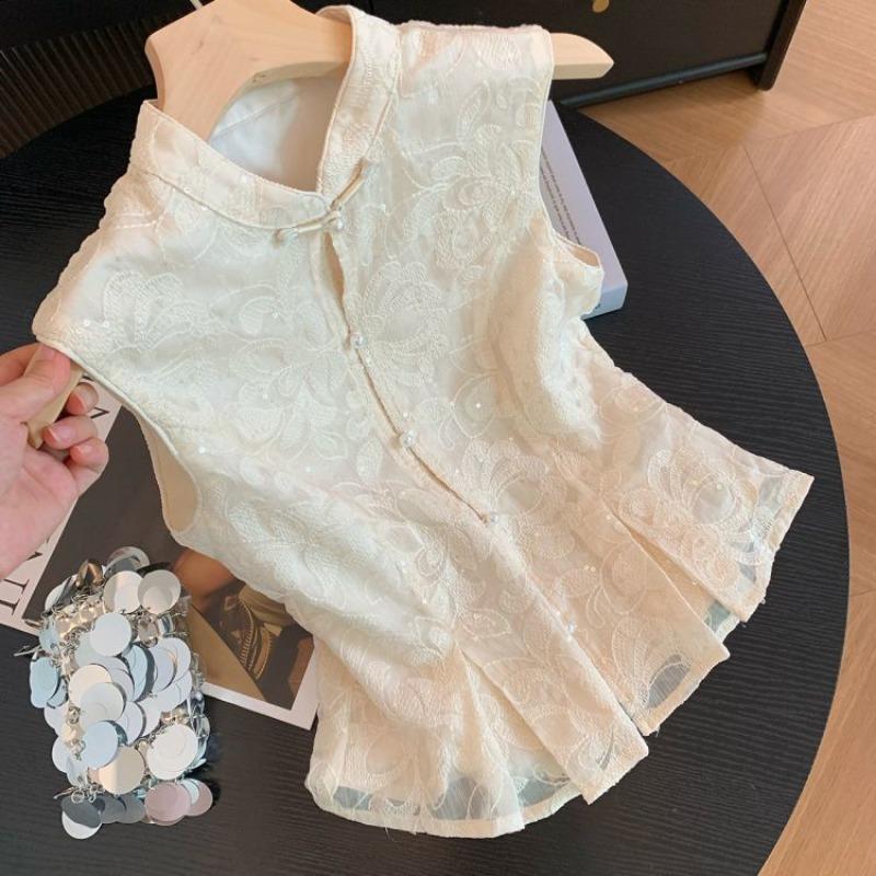 Women New Chinese Style Lace Embroidery Sleeveless Top with Frog Buttons