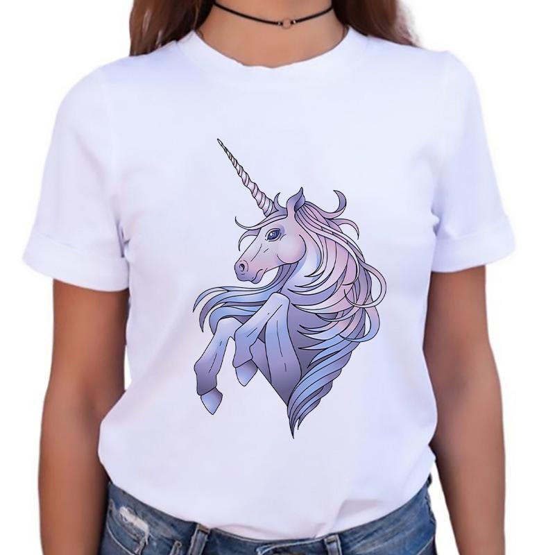 Womens Tshirt Stylish O-Neck Short Sleeve Cartoon Horse Simple Female Tee Tshirts Summer Clothes White Tops 90S Female T Shirt
