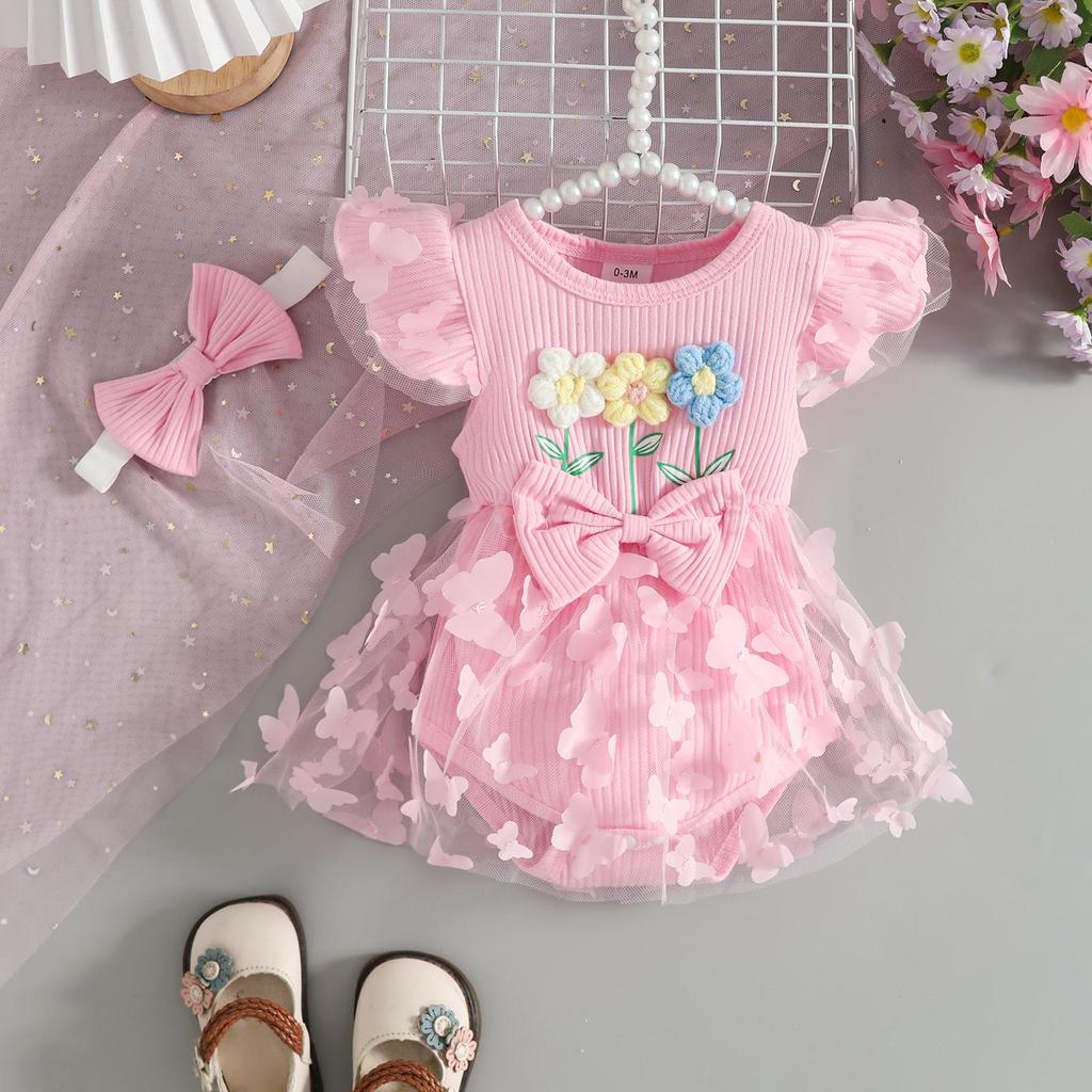 2026 Sommer Florales Baby-Kleid mit Puffärmeln & Geripptes Body-Set mit Haarreif & Schmetterlingsrock