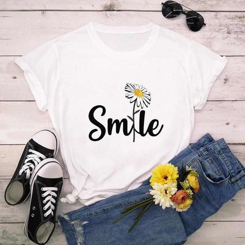 Women T Shirt Smile Daisy Print Tshirt Women Short Sleeve O Neck Loose T-shirt Ladies Summer Causal Tee Shirt Clothes