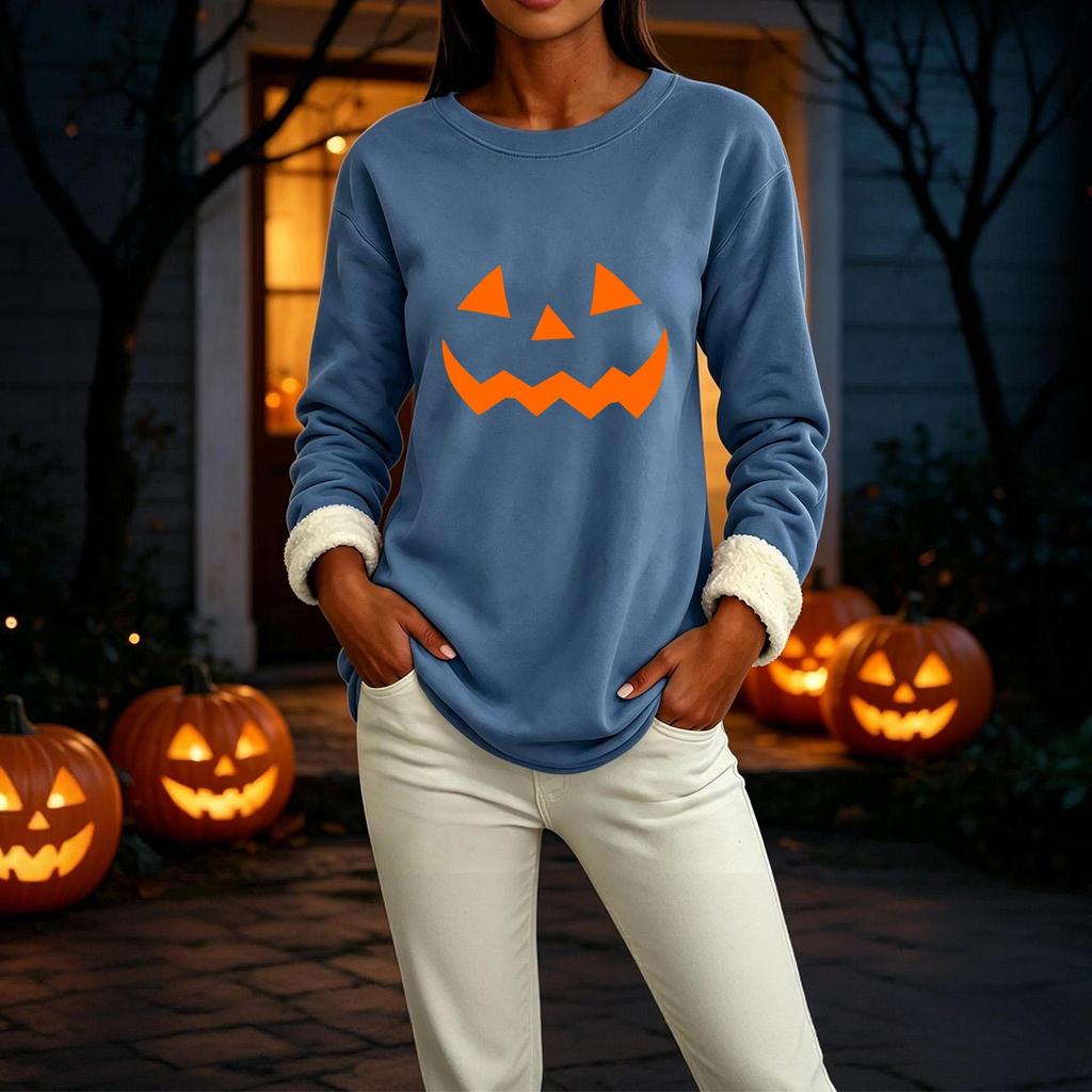 Women's Lined Long Sleeve Neck Top with Halloween Print for Winter Daily Wear