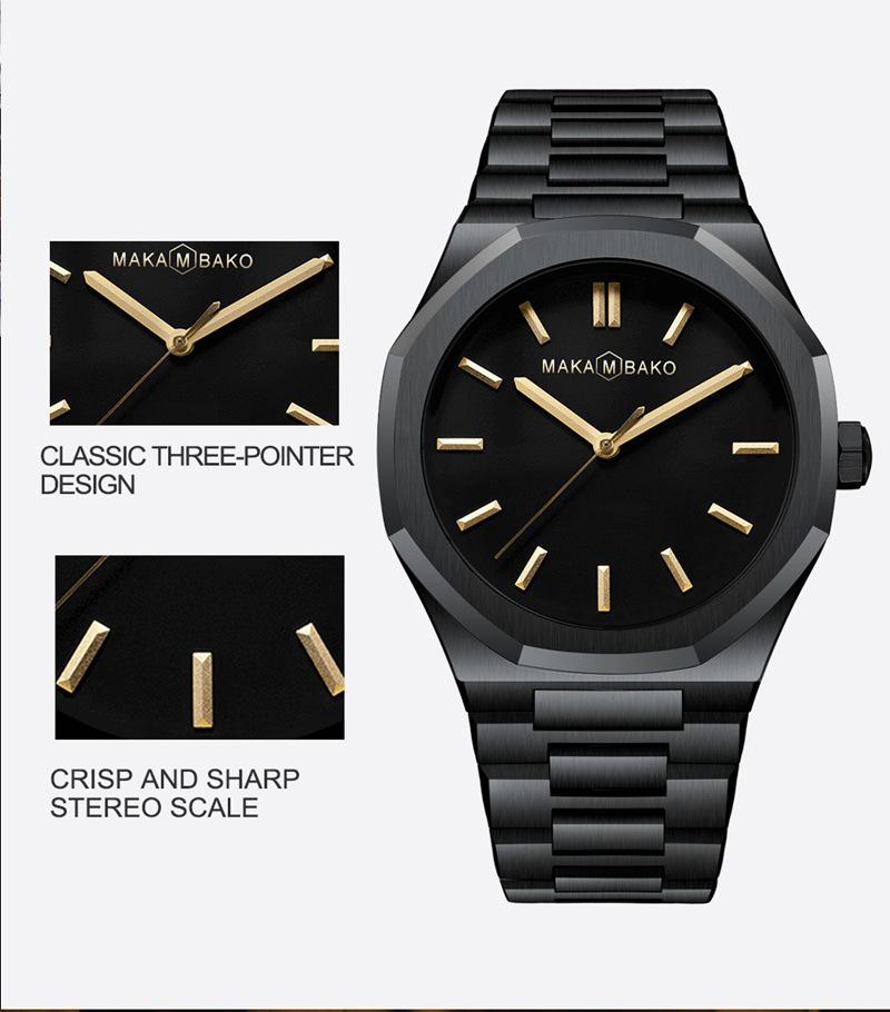 Hannah Martin Black Waterproof Watch with Japanese Miyota Movement and Polygonal Stainless Steel Bracelet.