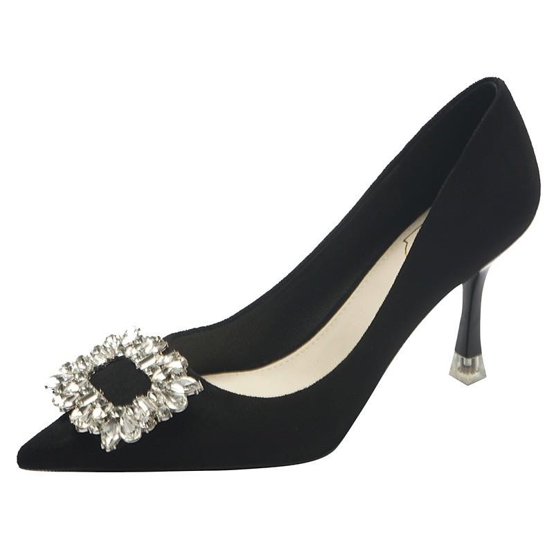 High Heels Women's Fashion Thin Heels Single Shoes New Pointed Head Shallow Mouth Suede Rhinestone Square Buckle Women's Shoes