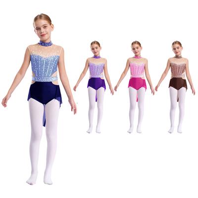 Vestido de gimnasia de ballet para niñas, malla con pedrería y falda, maillot de patinaje artístico sobre hielo, disfraz de actuación de danza lírica
