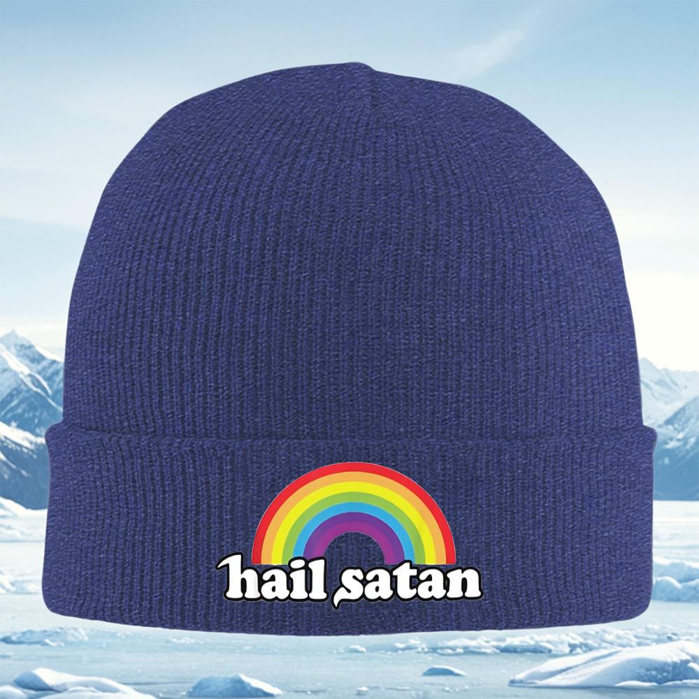 Rainbow over bold hail satan text Men Women Unisex Knitted Hat Beanie Pullover Cap Winter Thermal Warm Christmas Outdoor Cycli