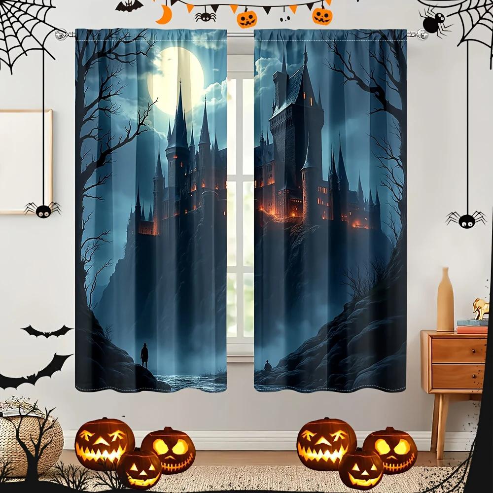 Set aus 2 Halloween Gothic Schloss Nachtszene Bedruckte Vorhänge Stangentasche Heimdekorationen Zimmer Hergestellt aus Polyester