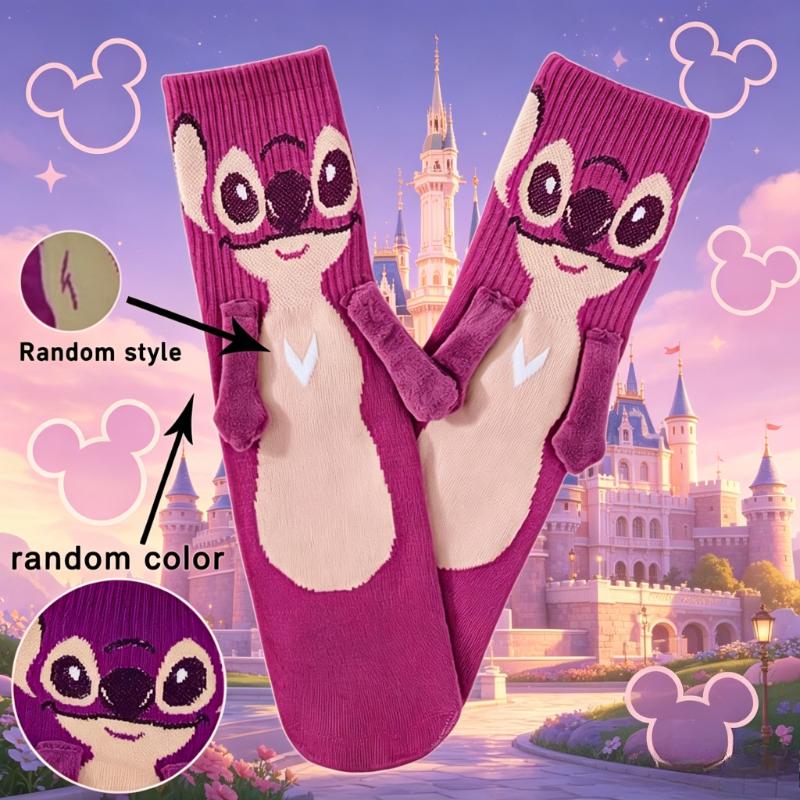 Disney Stitch Halbes Paar Stitch Händchen haltende Socken Rosa und Blaue Farbkombination Mittelhohe Socken Cartoon Paar Socken, Atmungsaktiv und Modisch