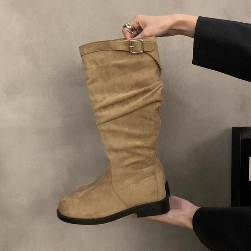 

[Amano] Maillard Western Boots Women s Vintage Pleated Skinny Pile Boots Frosted Suede Flat Bottom Long Boots 40