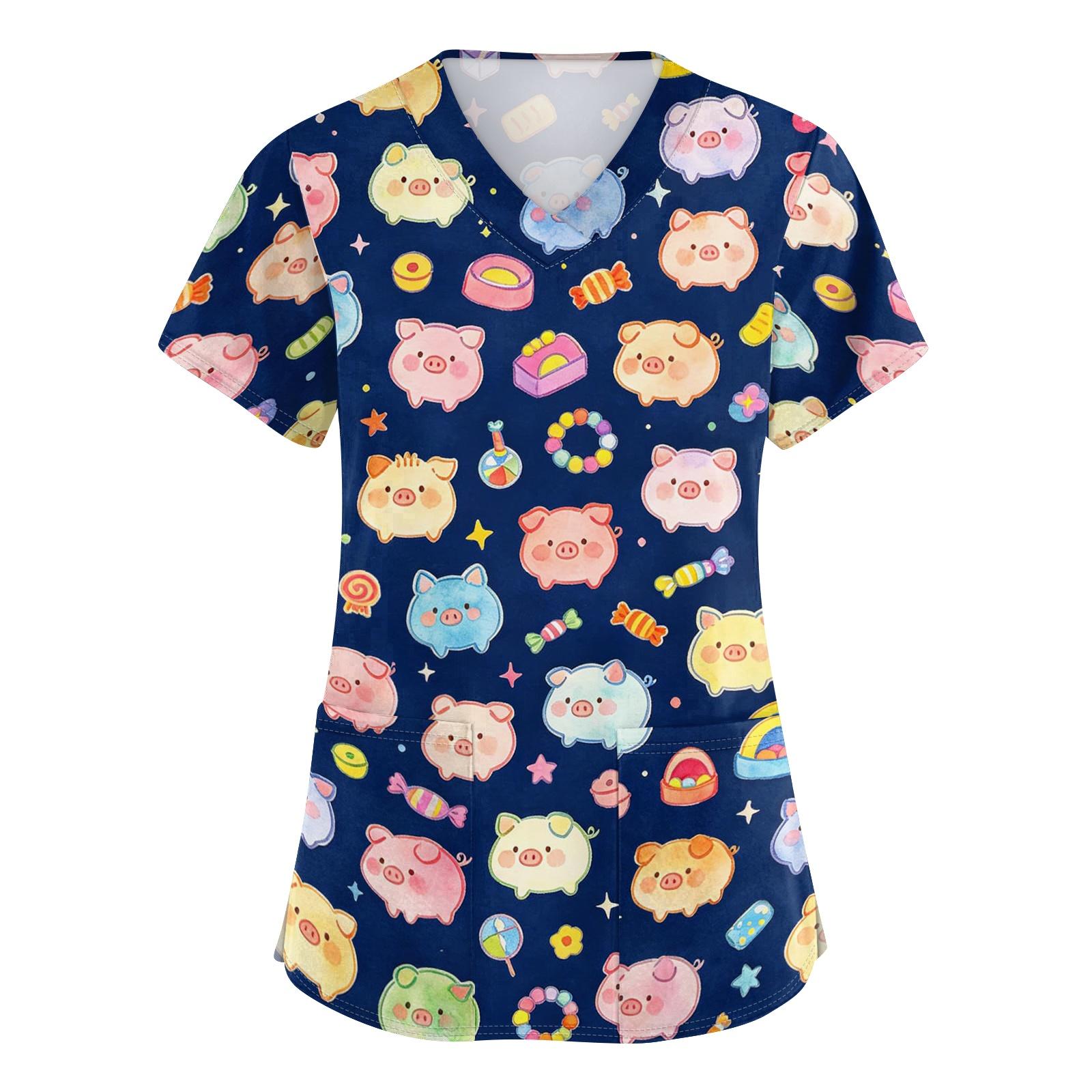 

Women V Neck Short Sleeve Work Top with Pockets Animal Print Medical Scrub Shirt for Healthcare Professionals Comfortable Fit Durable Fabric S синий