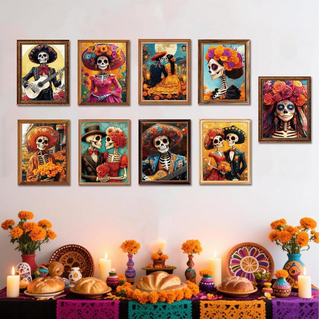 Day of The Dead Poster - 9 Piece Mexican Day of the Dead Decorations Sugar Skull Wall Art Dia De Los Muertos Party Decoration Skeleton Halloween Wall