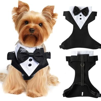 Gentleman Smoking Dog Harness Pet Birthday Wedding Outfit Formal Costume Mesh Vest with Bowtie for Small Medium Dogs