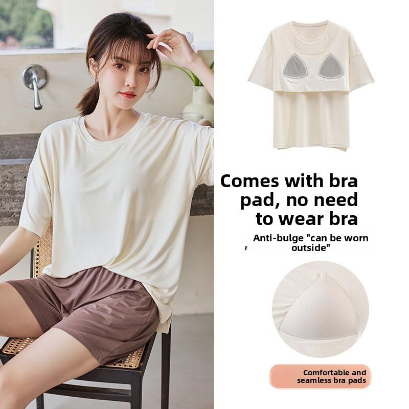 Womens Summer Sleep Suit With Round Neck Short Sleeve Top And Shorts For Relaxed Lounge Wear