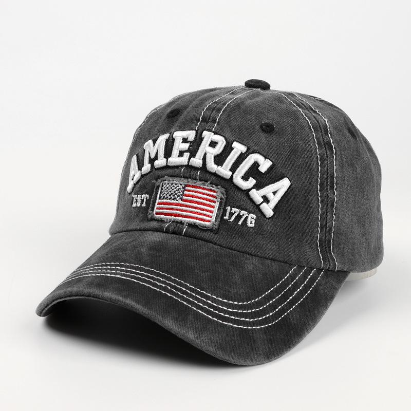 Washable Pure Cotton Ripped Baseball Cap with Embroidered Flag, Independence Day Duckbill Hat One Size чёрный