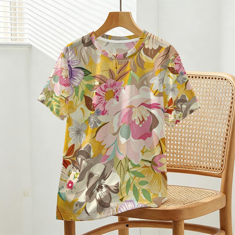 Women's Colorful Floral Basic Short Sleeve T-Shirt Minimalist Soft Loose Fit Top,Versatile for Daily Casual & Girls' Gatherings