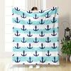 Dark Anchors In Rows On White and Blue Horizontal Striped Background. for All Seasons Blanket Lunch Break Throw Gift