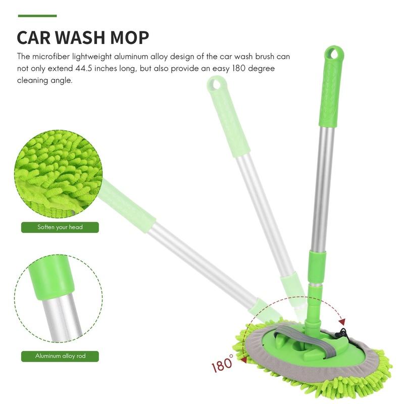 ABLZ-2 In 1 Car Wash Mop Mitt With Long Handle, Chenille Microfiber Car Wash Dust Brush Extension Pole 24-46In, Scratch Cleaning