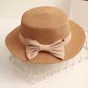 Beach Straw Hat Flat Top Wide Brim Sun Protection Hat with Striped Print Ribbon Bow Hand-Woven Breathable Summer Hat