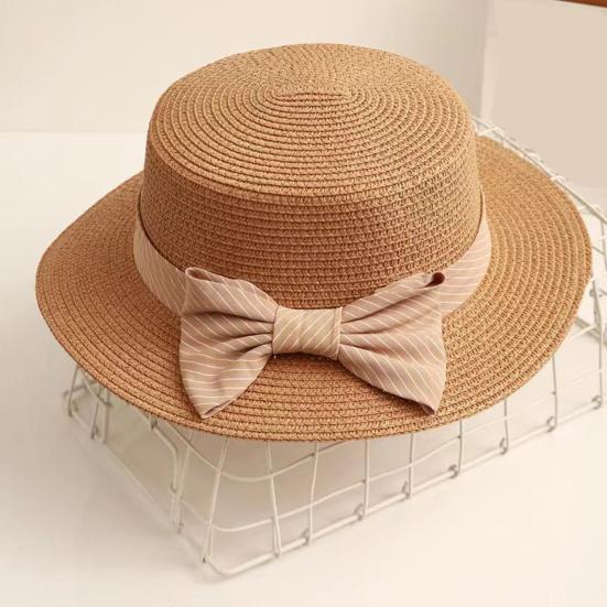 Beach Straw Hat Flat Top Wide Brim Sun Protection Hat with Striped Print Ribbon Bow Hand-Woven Breathable Summer Hat