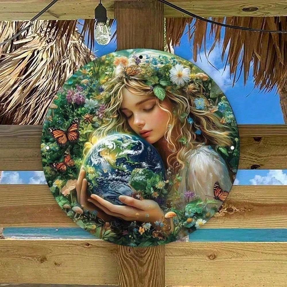 Vintage Round Metal Wall Art Earth Tone Floral Butterfly Girl Decor for Home Living Room Bedroom