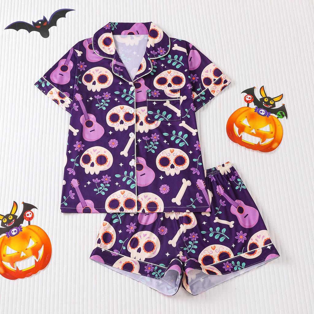 Ladies Pajamas Halloween Printed Lapel Short Sleeve Shorts Loungewear Set