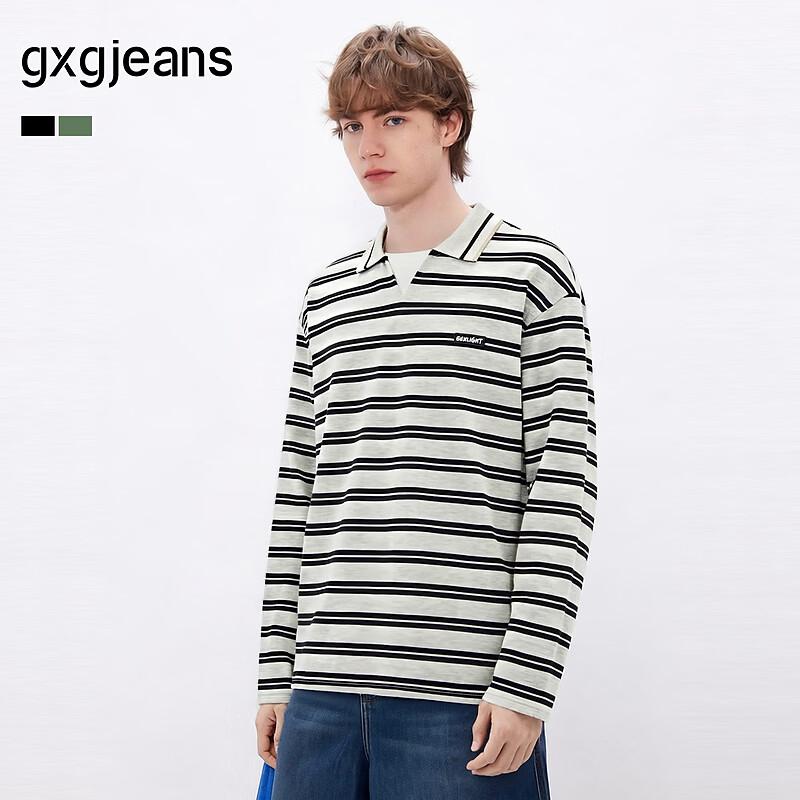 Men s Striped Retro Loose-Fit Long-Sleeve Polo T-Shirt XL