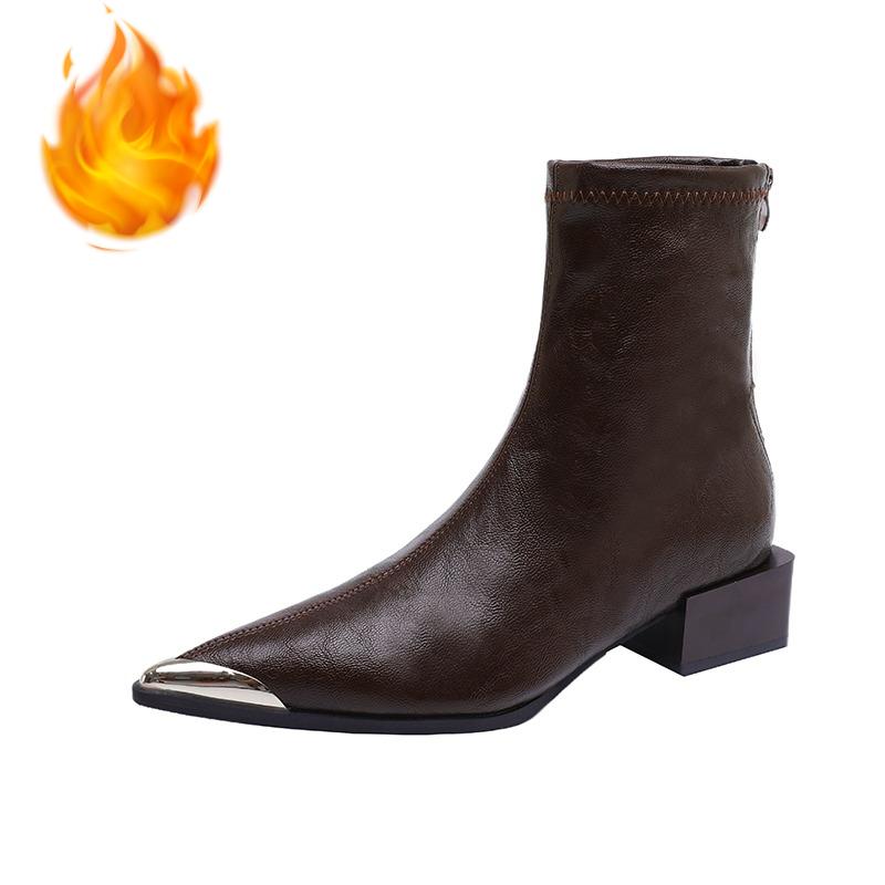 Vintage Dicke Absätze Damen Pelzfutter Knöchelboots Herbst Winter Metall Spitze Stripper Party Kurze Stiefel Zapatos De Mujer
