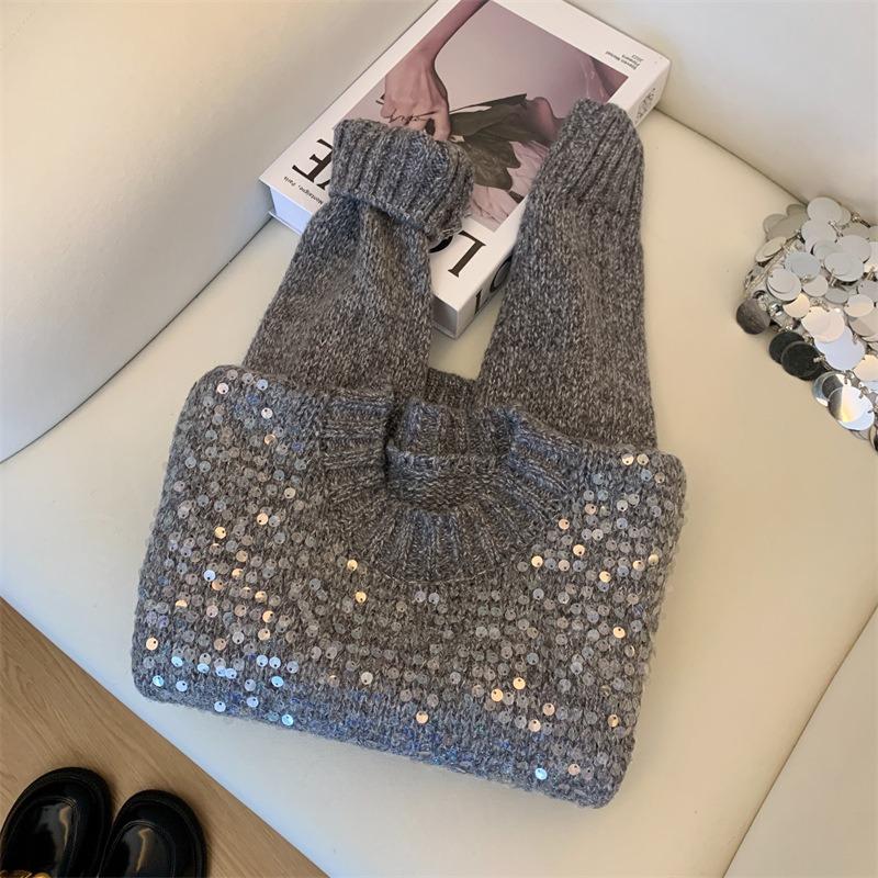 Real sequined knitted sweater top women's autumn and winter new lazy wind round neck heavy industry super good-looking short sweater