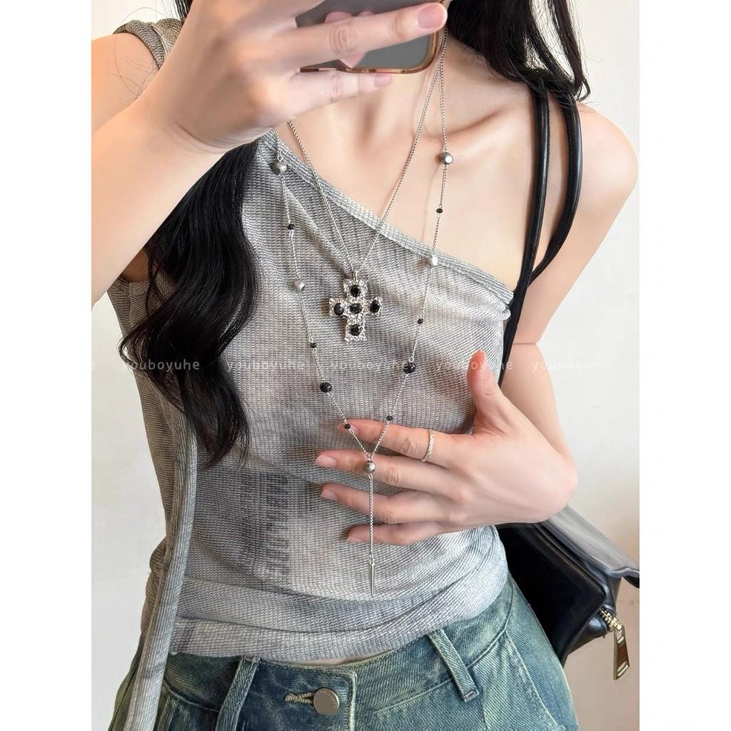Kawaii Y2k Gothic Cross Layered Necklace With Titanium Steel Chain For Women And Men