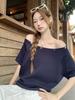 Korean slanted shoulder off-shoulder heavy industry bead short-sleeved T-shirt women's summer new design loose niche top